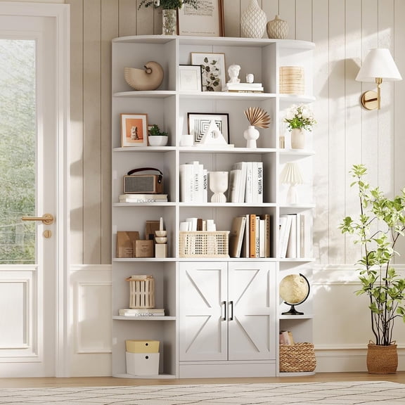 Studyset 75in Tall White Bookcase, Wooden Standing Display Shelf Organizer, 6 Tier Wooden Book Shelf 47" Wide Farmhouse Display Bookshelf Storage Cabinet with Doors and Open Shelve