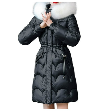 

Winter Coats for Women Solid Warm Hooded Thick Padded Long Jacket Loose Fleece Oversized Parka Outerwear