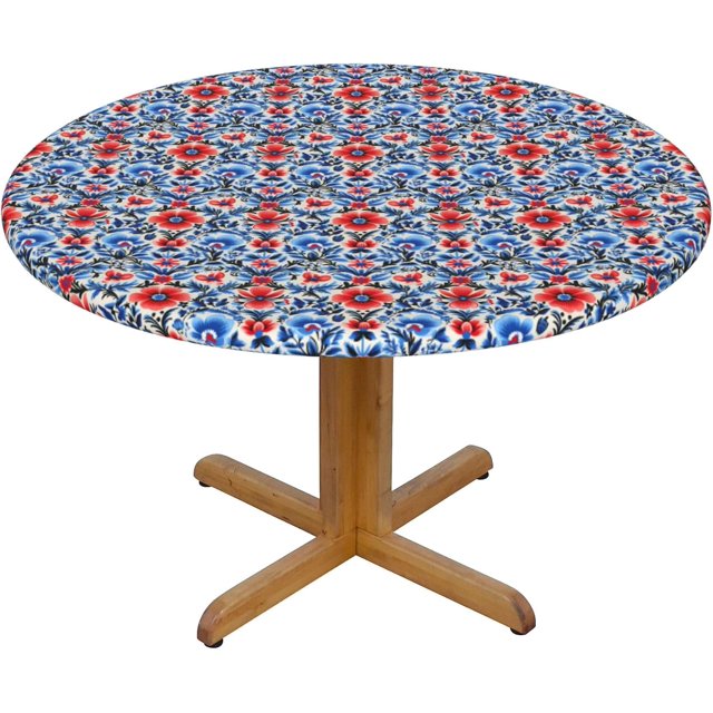 Round Fitted Tablecloth 54 Inch, Flower Ornament Round Fitted Tablecloth Elastic Edged Table Cover Heat Resistant Table Top Cover Holiday Table Cover for Dining, Party, Buffet, Wedding
