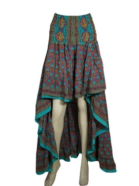 Mogul Women Teal Blue Pink Printed Hi Low Skirt Flared Gypsy Hippy Floral Boho Ruffle Skirts S/M