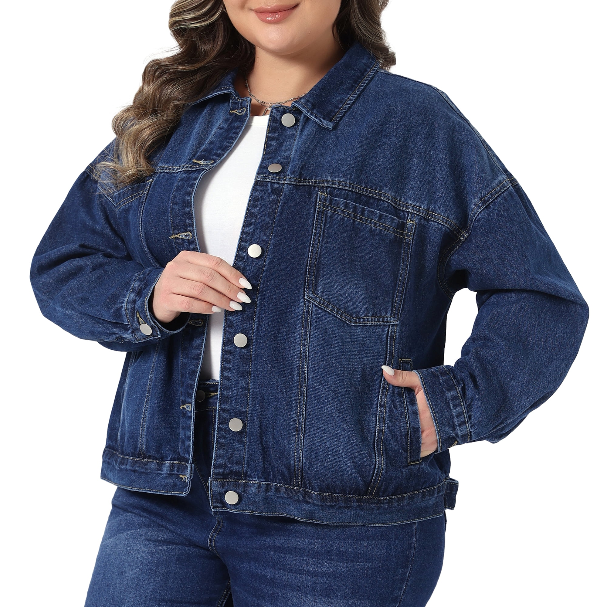 DARING DIVA Women's Plus Denim Long Sleeve Button Washed Jacket 3X Dark Blue