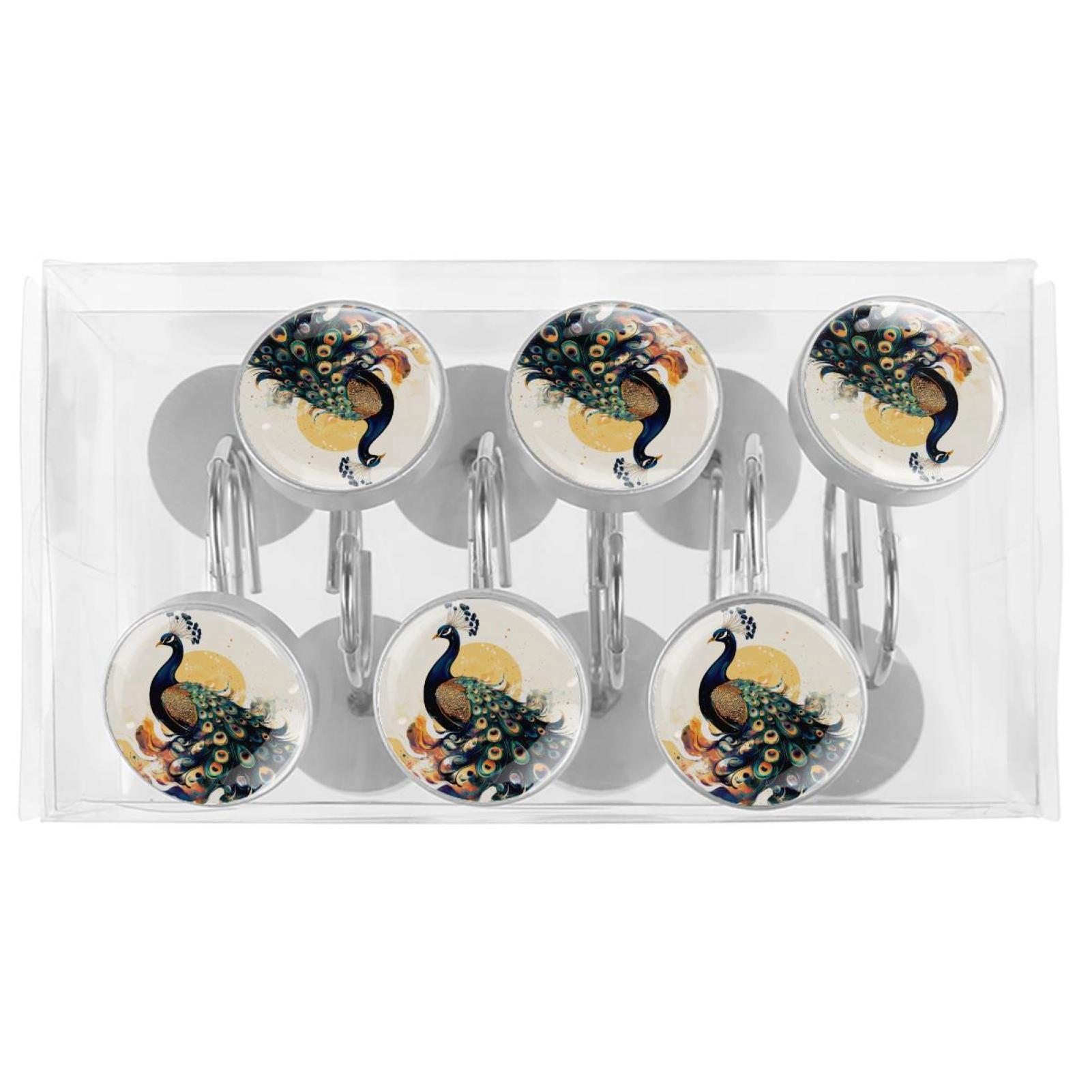 12pcs Decorative Shower Curtain Hooks, Rust Resistant Shower Rings for Bathroom Living Room,Rustproof Stainless Steel Rings for Shower Curtain and Liner Rods,Peacock Illustration