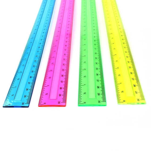 Durable Clear Plastic for School, Home & Office, Assorted Colors Shatterproof 12 Inch Rulers, Pack of 4