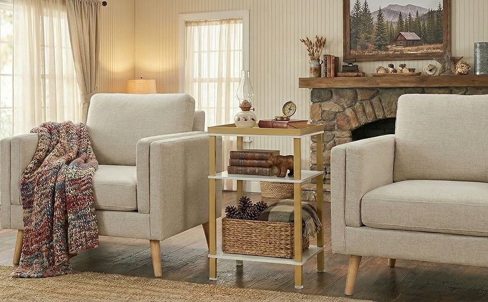 ZEXVIDA Side Table for Small Spaces, 3 Tier End Table with Metal Tabletop Tray Storage Shelf, Small Narrow Thin End Table Bedside Table,Nightstand for Hallway,Living Room,Bedroom (White & Gold)