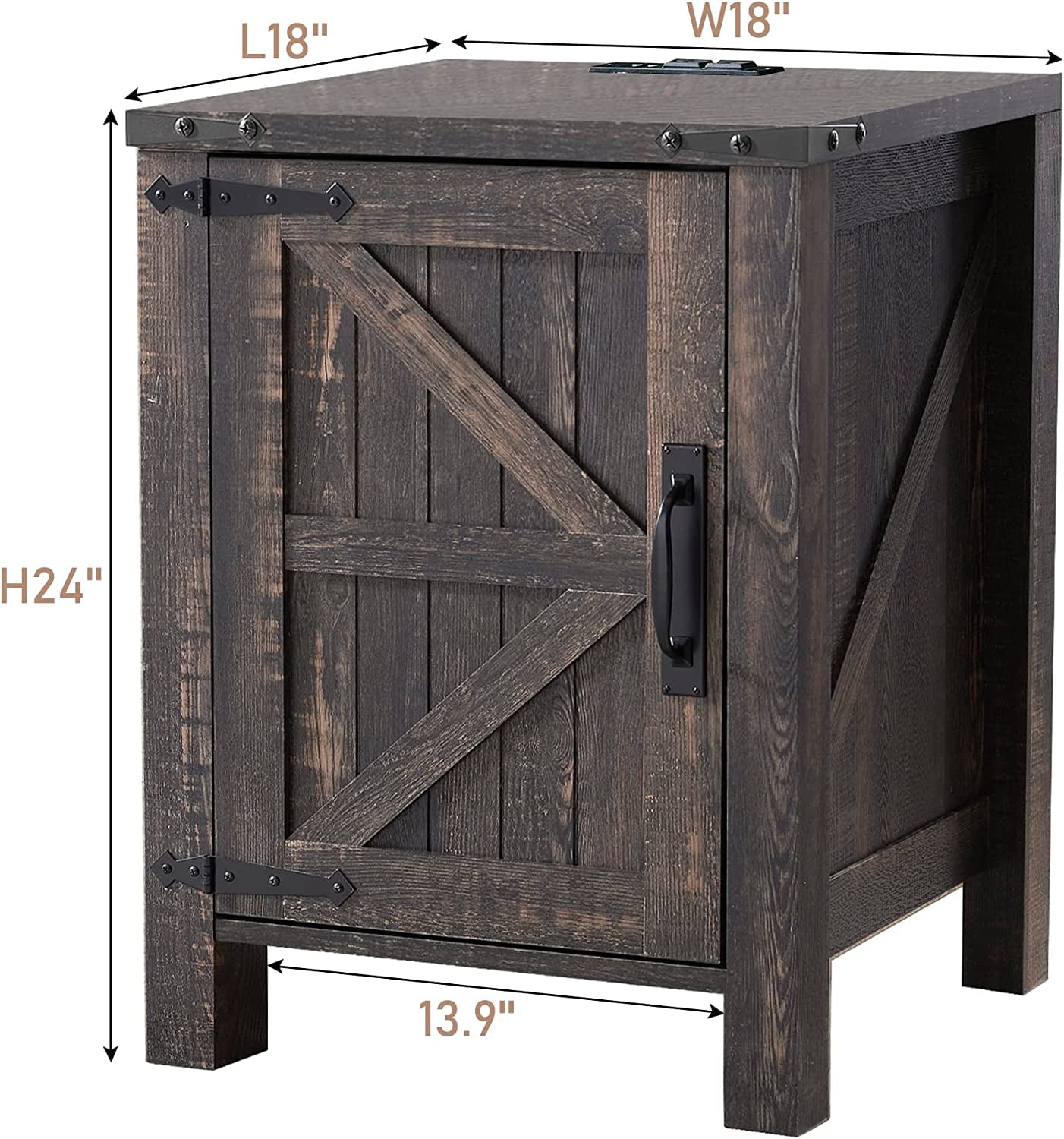 OKD End Table with Charging Station, Farmhouse Rustic Wood Side Table for Living Room, Bedroom, Dark Rustic Oak