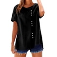 thumbnail image 2 of Conairie Linen Shirts For Women Solid Short Sleeve Regular Fit Crew Neck Button Shirt Comfortable Soft Work Tee Pullover Outfits Black L, 2 of 7