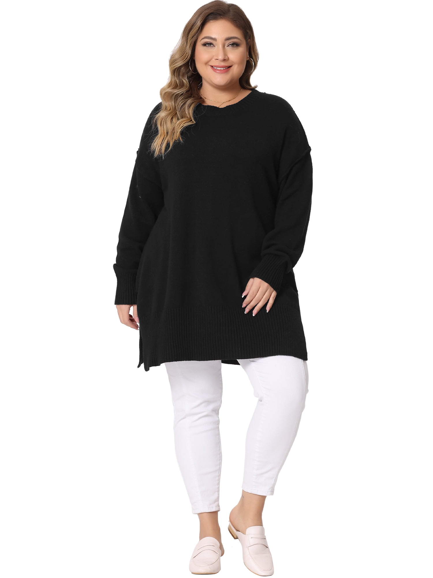 DARING DIVA Women's Plus Crew Neck Long Sleeve Slit Hem Pullover Sweater 5X Black