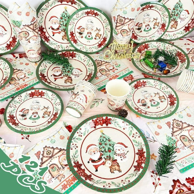 Whaline 125Pcs Christmas Party Tableware Set 7 and 9 Inch Santa Claus Paper  Plates 6.5 Inch Santa Belts Napkins Cute Xmas Disposable Cups and Red Fork