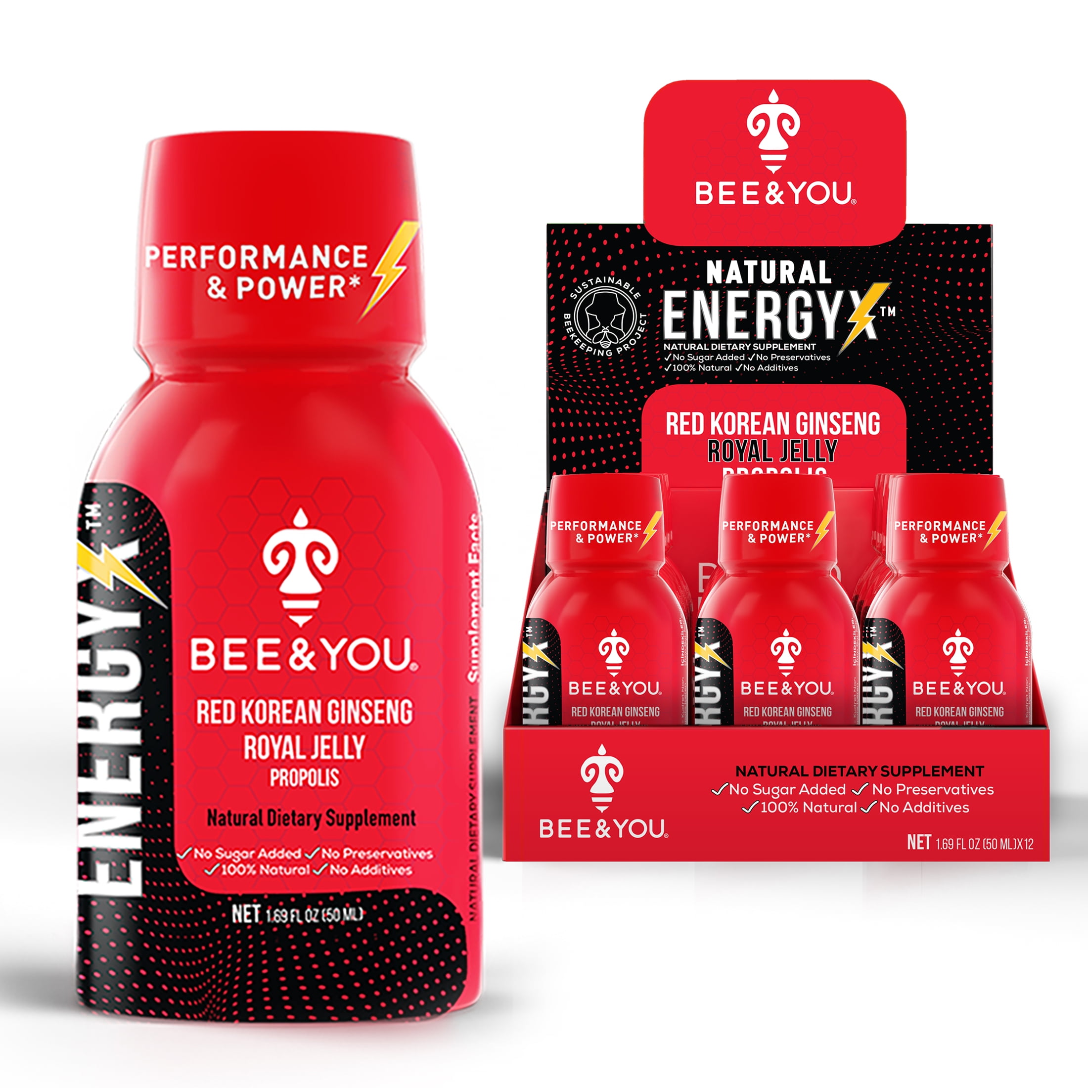 BEE&YOU 100 Natural Korean Red Ginseng Energy Shot Drink Caffeine