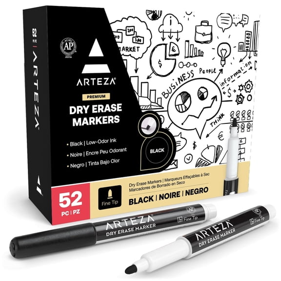 Arteza Dry Erase Markers, Fine Tip, Black, 52 Count