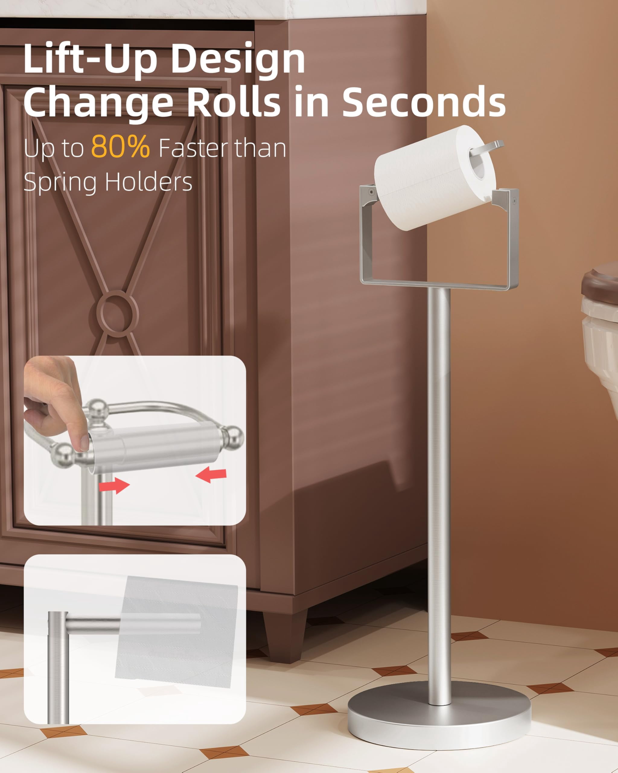 RUACQ Toilet Paper Holder Stand, Magnetic Closure Toilet Paper Stand with Lift-Up Rotating Arm, SUS304 Stainless Steel Bathroom Toilet Paper Holder Free Standing, Weighted Base (Brushed Nickel)