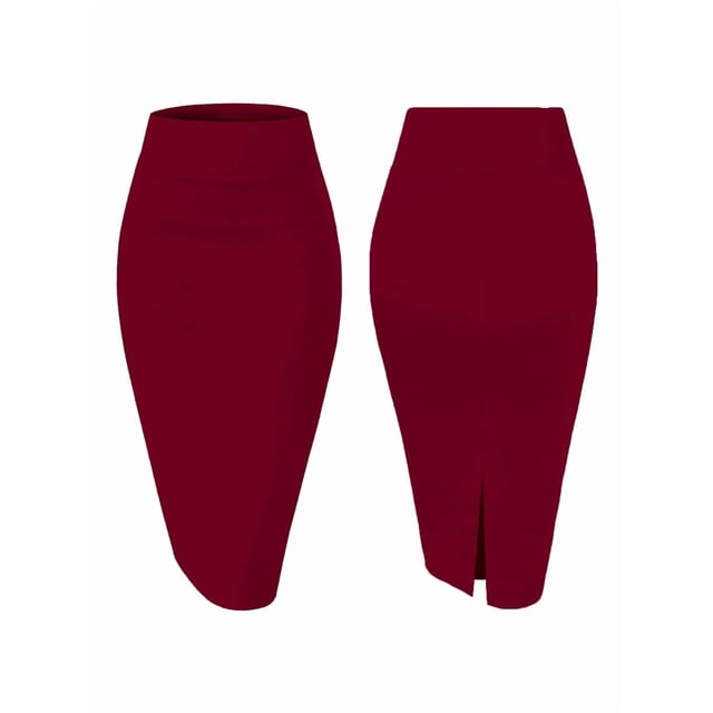 Jupe Crayon de Bureau en Nylon Extensible à Taille Haute Premium pour Femme Rouge Vin G