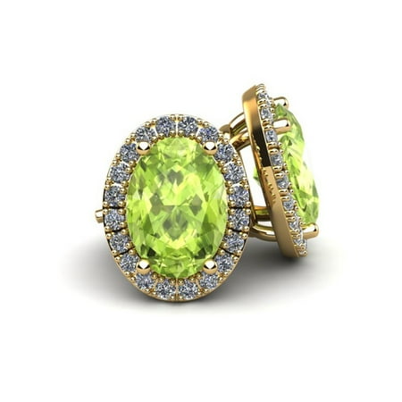 2 Carat Oval Shape Peridot and Halo Diamond Stud Earrings In 10 Karat Yellow Gold