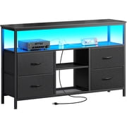 Amadwell TV Stand with Power Outlets & LED Lights, 4 Drawer Dresser Entertainment Center, Media Console with Open Shelf