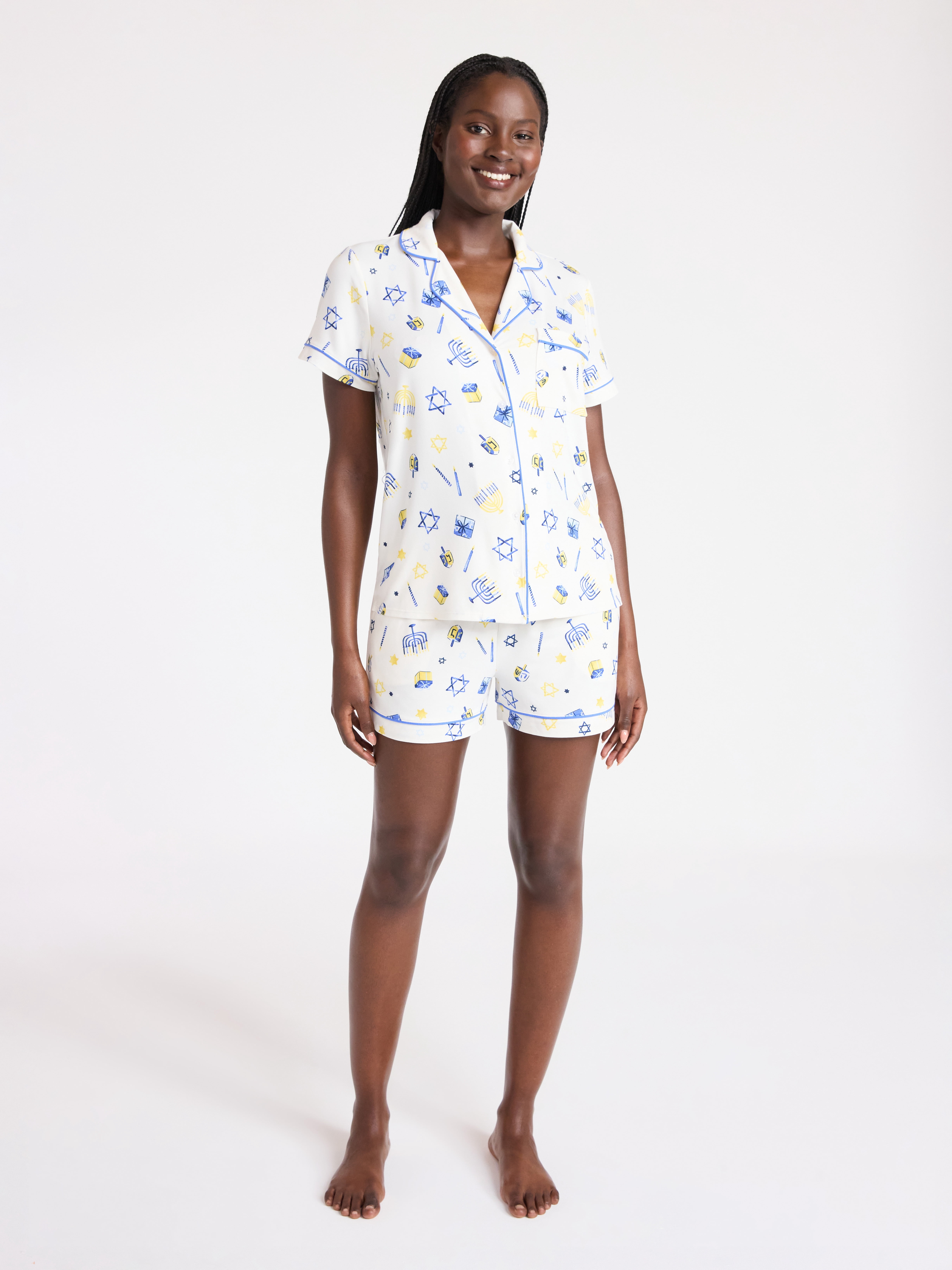 Joyspun Women’s Dreamy Soft Collection Hanukkah Notch Collar Knit Top and Boxer Shorts Pajama Set, Sizes XS-3X