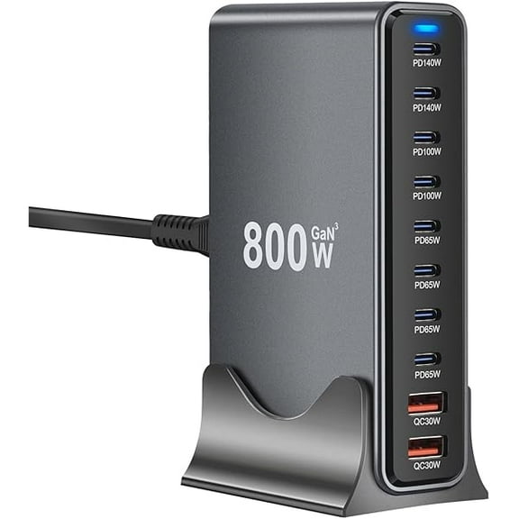 ZC800W GaN3 10-Port USB-C Charging Station - Fast Charger for Laptops, Tablets, Smartphones, and More (Black)