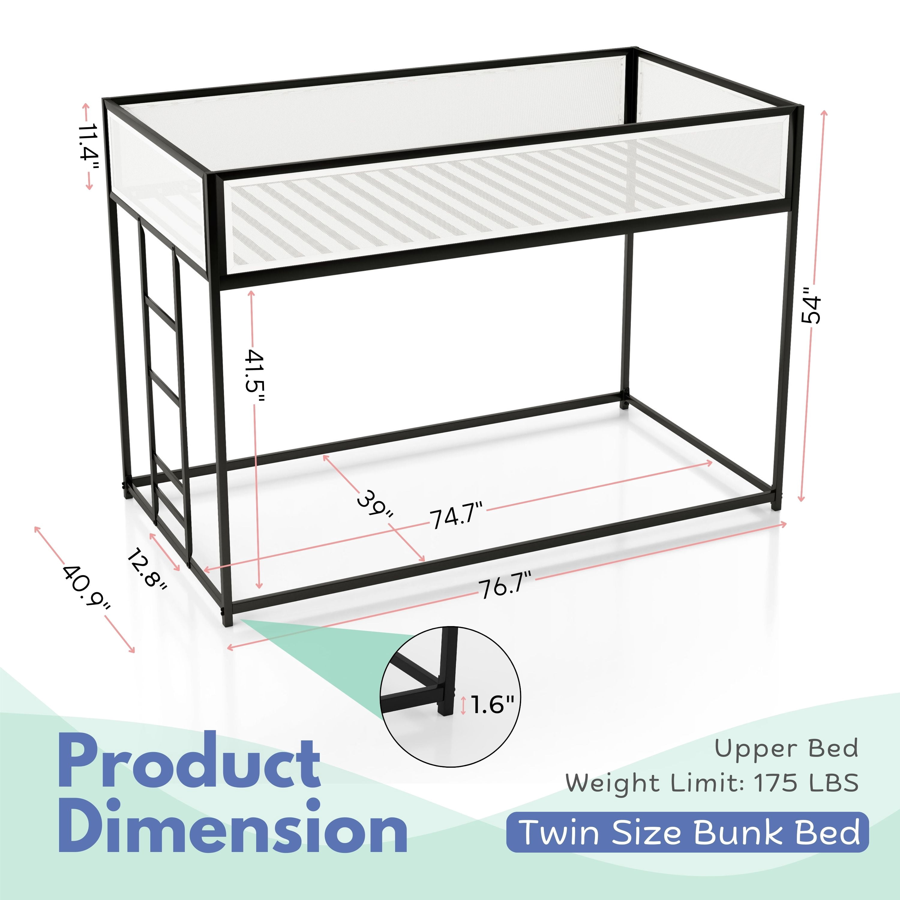 Furniture of America Veric Kids Black Twin over Twin Low Profile Bunk Bed with White Magnetic Mesh Panel