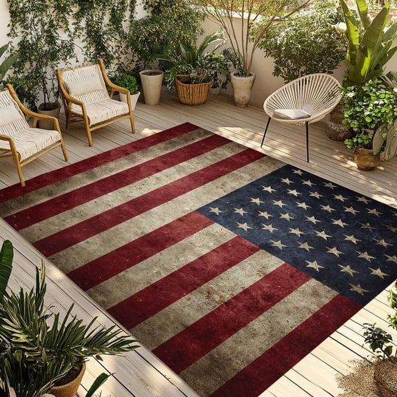 Fsddascl American Flag Outdoor Rug for Patio/Deck/Porch, Non-Slip Large Area Rug 6 x 9 Ft, Retro Shabby US Star Striped Flags Indoor Outdoor Rugs Washable Area Rugs, Camping Rug Carpet Runner