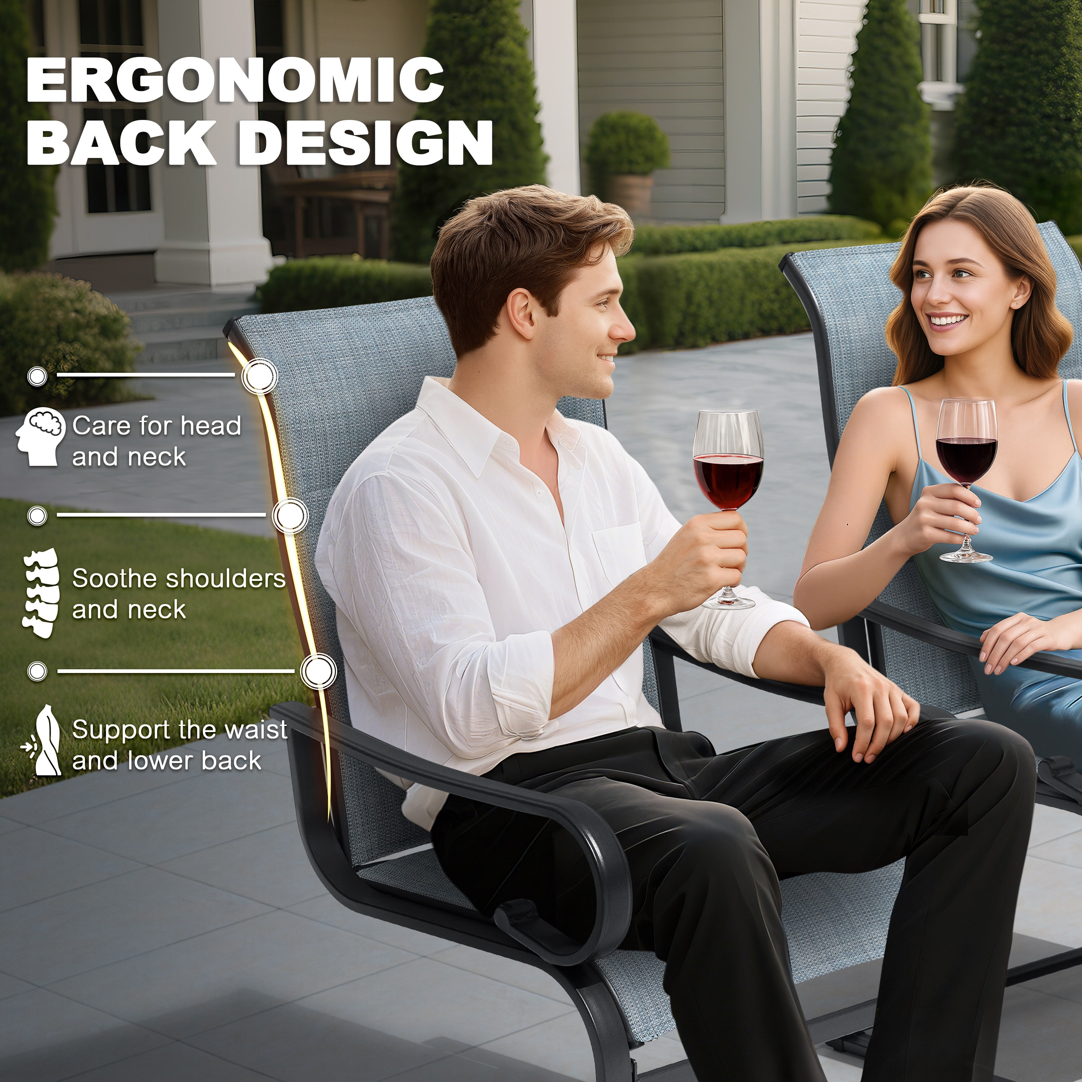 Nuu Garden Padded Textilene Patio Dining Chairs Set of 2, C-Spring Patio Chairs with Curved Armrests, High Back & Wide seat, Powder-Coated Metal Frame Patio Furniture, Blue and Black