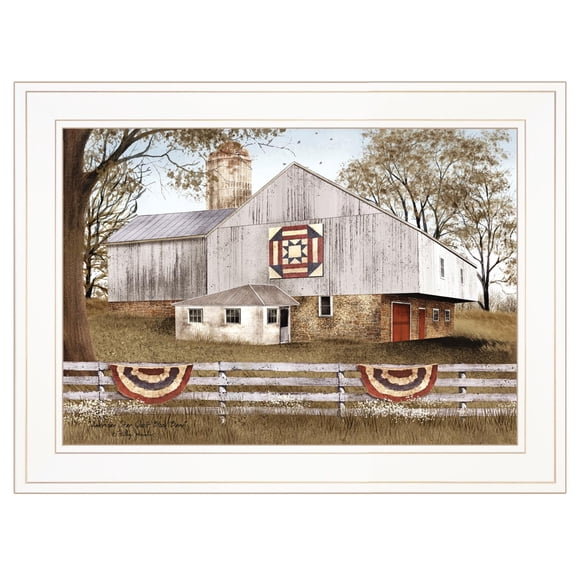 Trendy Decor4U "American Star Quilt Block Barn" by Billy Jacobs, Ready to Hang Framed Print, White Frame