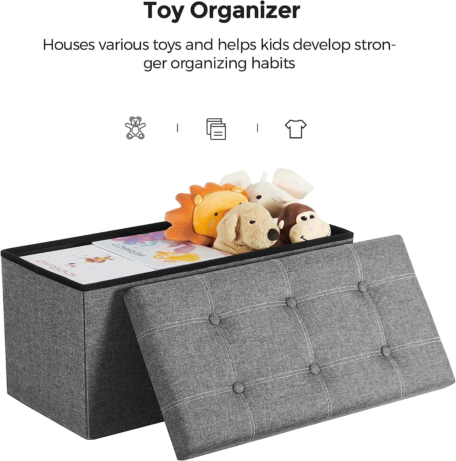 SONGMICS 30" Storage Ottoman Holds 660 lb Ottoman with Storage Folding Storage Bench Footstool for Entryway Living Room Light Gray