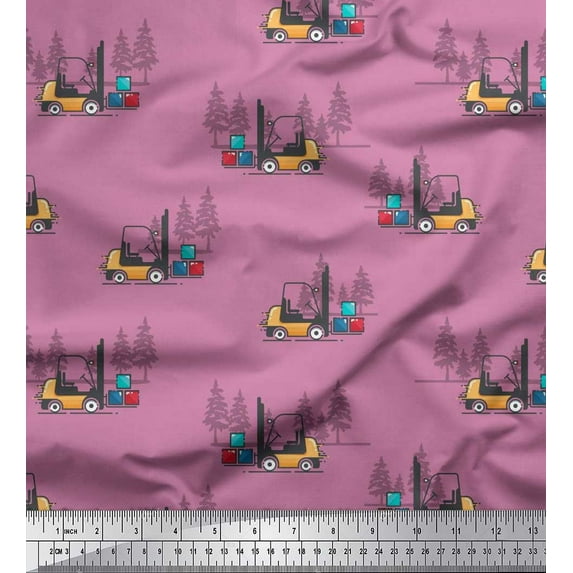 Soimoi Purple Satin Silk Fabric Tree & Forklift Truck Transport Print Fabric by the Yard 42 Inch Wide