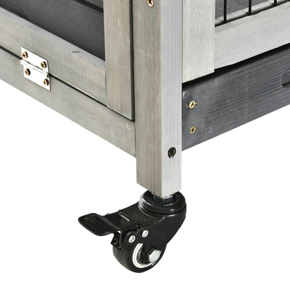 Spaco Indoor Rabbit Enclosure, Wooden Elevated Cage Habitat with Enclosed Run with Wheels for Rabbits and Guinea Pigs, Gray