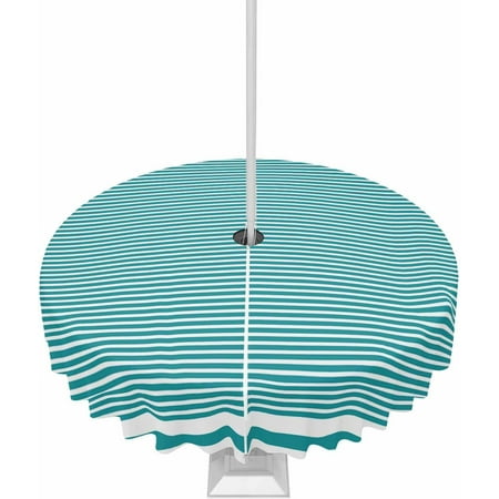 

Turquoise Geometric Art Outdoor Round Tablecloth with Umbrella Hole 60inch Waterproof Tablecloth Zippered Patio Table Cloth Green Stripe Wrinkle-Free Decorative Table Cover for Picnic Dining