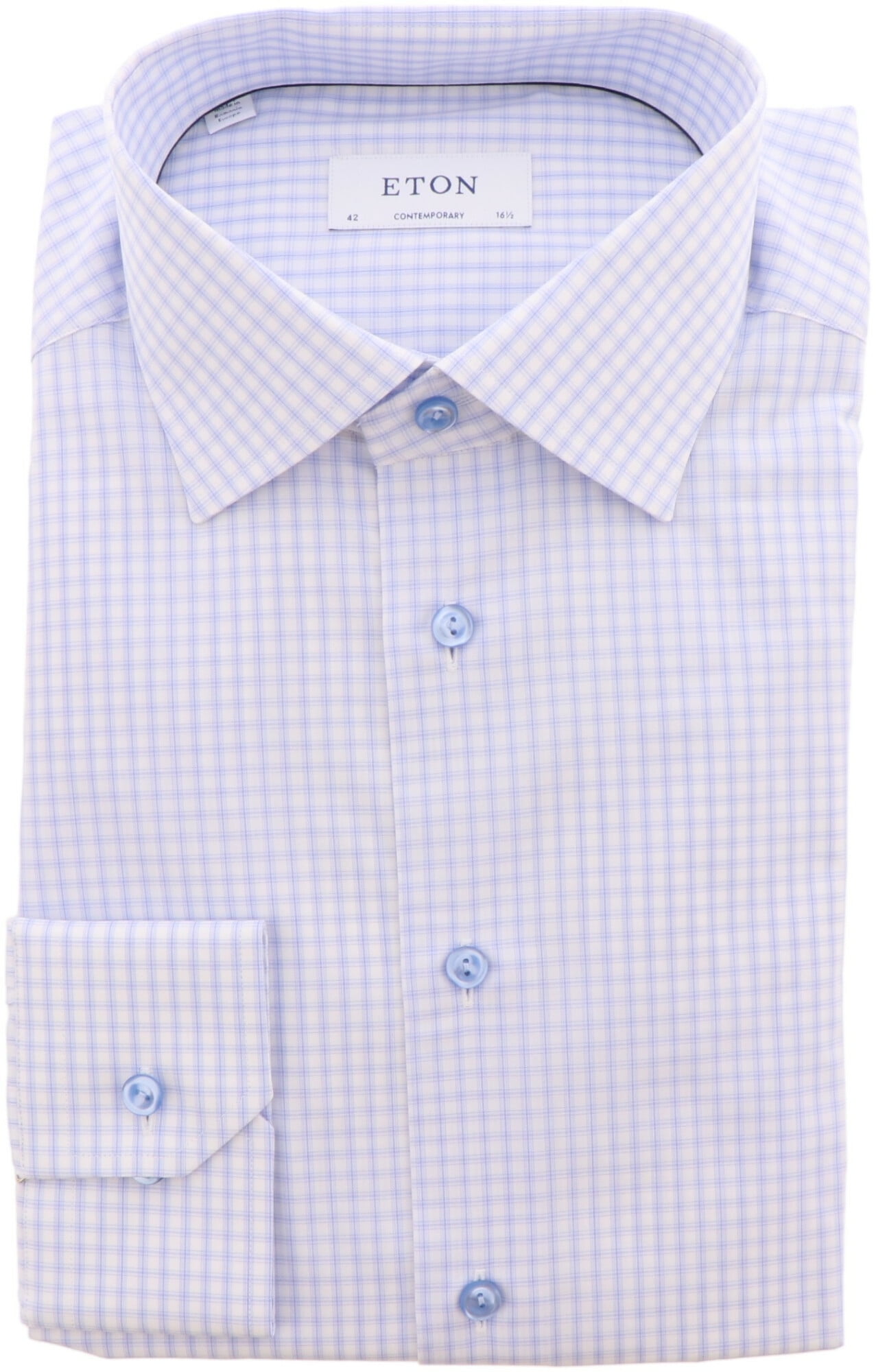 Eton Men's Blue And White Contemporary Fit Checked Dress Shirt Casual