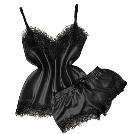 

REORIAFEE Womens Lingerie Floral Women Lingerie Wife V Neck Eyelash Lace Sexy Stain Camisole Pajamas Bowknot Shorts Set Black XXXL