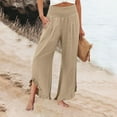thumbnail image 2 of Mohiass Smocked Waist Pants for Women with Leg Ruffle Boho Wide Leg Ruffle Hem Trousers Flowy Beach Linen Pants Summer 2025 Palazzo Pants with Pockets Light Brown M, 2 of 5