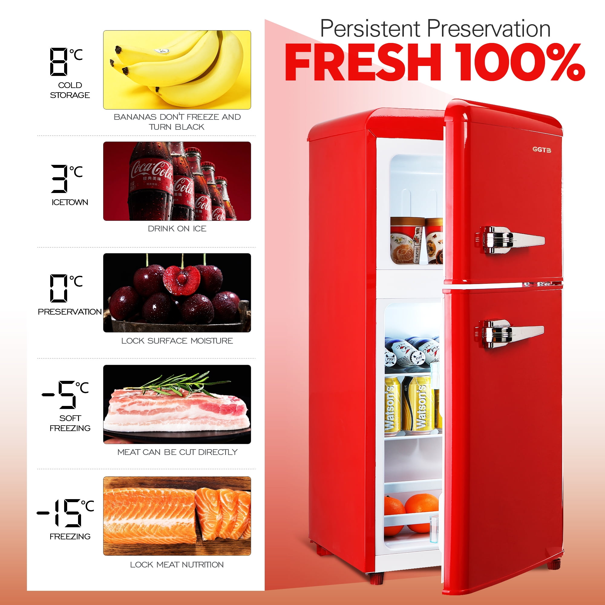 GGTB 3.2 cu.ft Retro Mini Fridge with Freezer, Double Door Compact Refrigerator, 7 Temperature Settings, Removable Shelves, Red for Dorm/Office/Apartment/Home