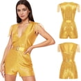 thumbnail image 5 of inhzoy Womens Sparkly Deep V Neck Romper Sequin Fringe Shorts Jumpsuit Glitter Festival Rave Outfit Gold M, 5 of 7
