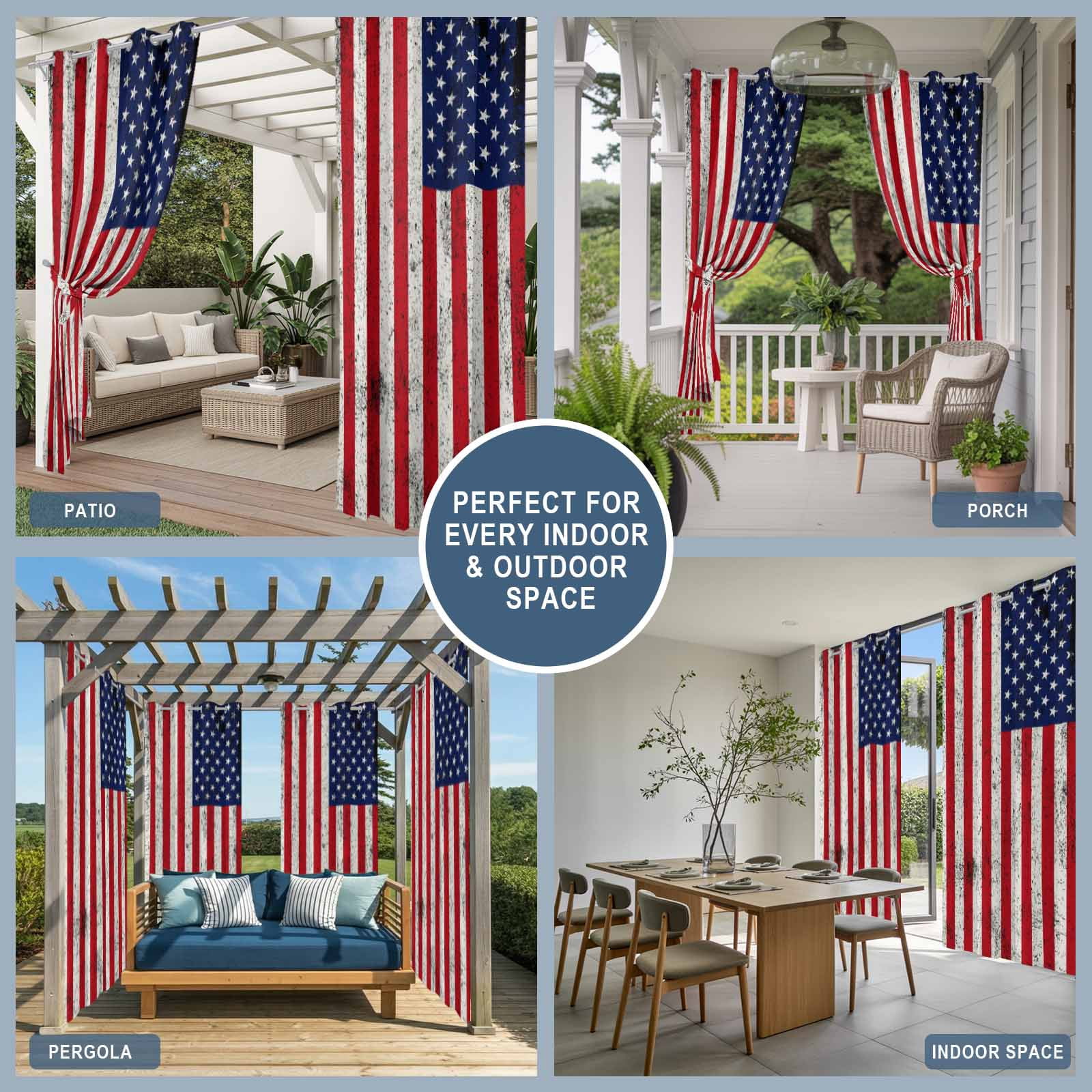 Independence Day Outdoor Curtains for Patio, American Flag Star Red Stripes Vintage Sunshade Privacy Drapes Grommet Waterproof Outside Curtains for Porch/Cabana/Balcony 54"x 108", 1 Panel