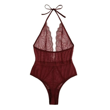beishanbush Sales Today Clearance Intimates Under $5 New Women Underwear Lace Teddy Deep V Neck Backless Bodysuit Babydoll Underwear