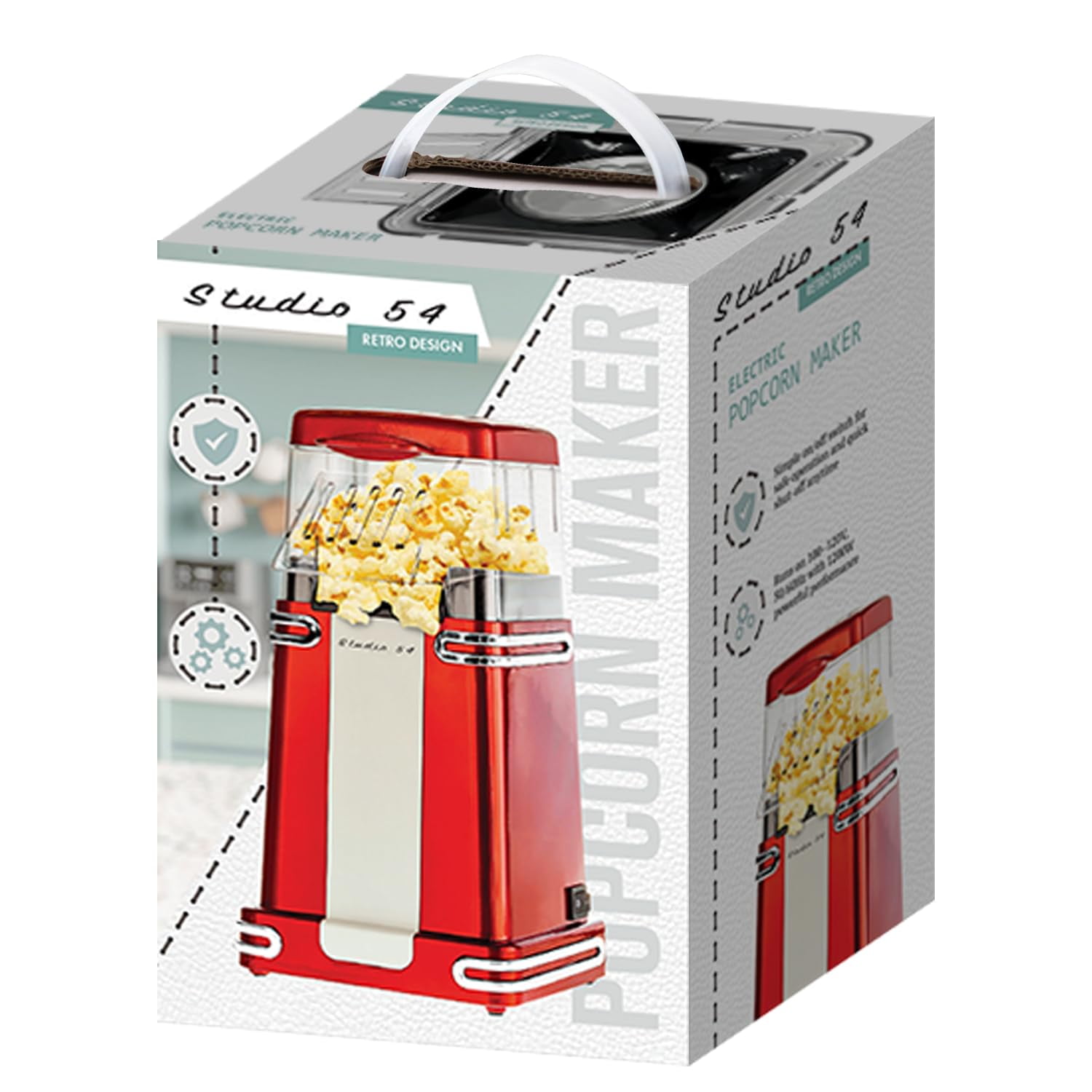 Studio 54 Retro Electric Popcorn Maker – Hot Air Popper, Oil-Free Mini Popcorn Machine with 8-Cup Capacity, 900W Air Popcorn Maker, Compact Countertop Design with Butter Melting Lid, Red