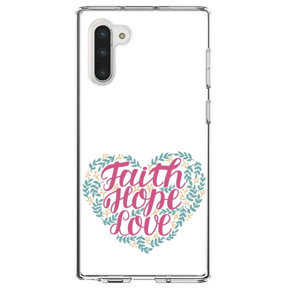 DistinctInk Clear Shockproof Hybrid Case for Samsung Galaxy Note 10 (6.3" Screen) - TPU Bumper, Acrylic Back, Tempered Glass Screen Protector - Faith / Hope / Love - Floral