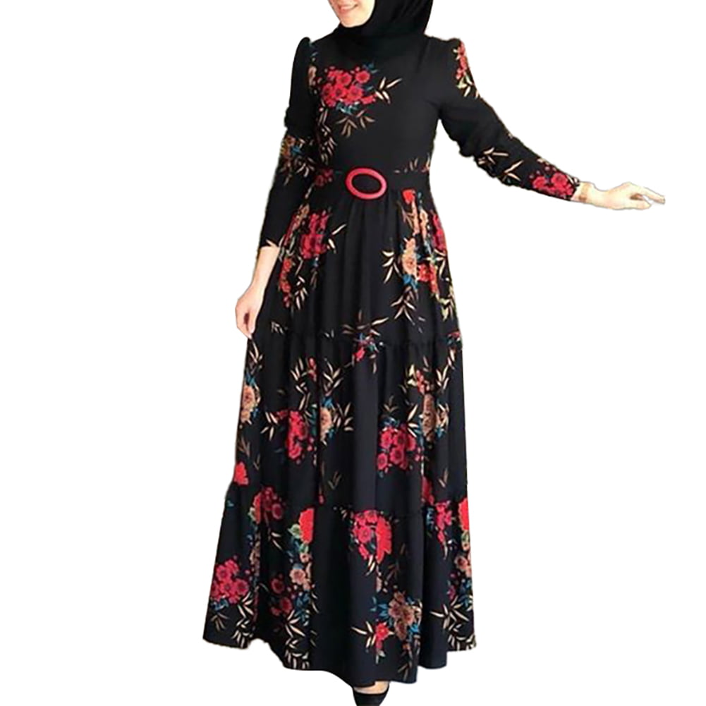 Kaftan Embroidery Muslim Women Ethnic Long Sleeve Maxi Dress Abaya Loose Jilbab 