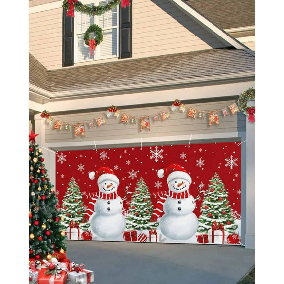 Fsddascl 7 x 16 Ft Christmas Garage Door Cover, Red Snowman Christmas Large Garage Door Banner, Tree Snowflake Gifts Hanging Garage Mural Background for Indoor Outdoor Xmas Party Supplies