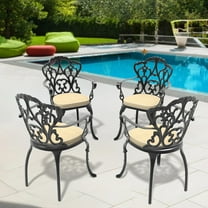 Set of 4 Cast Aluminum Patio Dining Chairs, Patio Bistro Chair Set with Armrests, Stackable Outdoor Dining Chairs for Patio Furniture Garden, Black Frame, Cushions In Random Colors