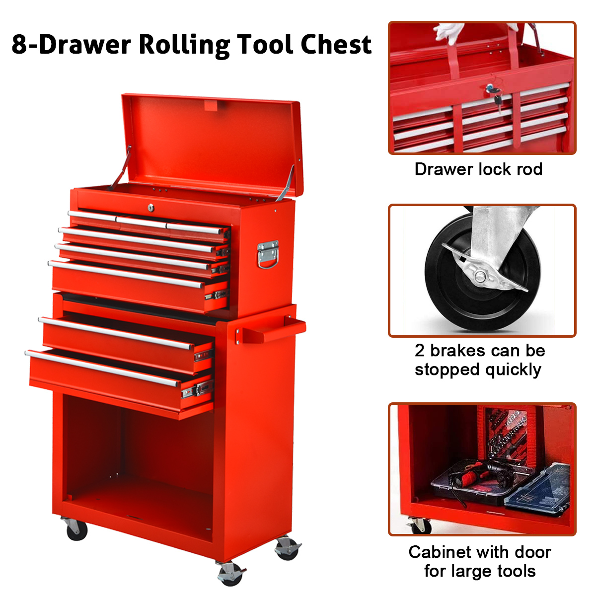BCBYou 8-Drawer Tool Chest with Wheels, Tool Storage Cabinet and Tool Box, Lockable Rolling Tool Chest with drawers, Toolbox Organizer for Garage Warehouse Workshop (Red) - image 4 of 8
