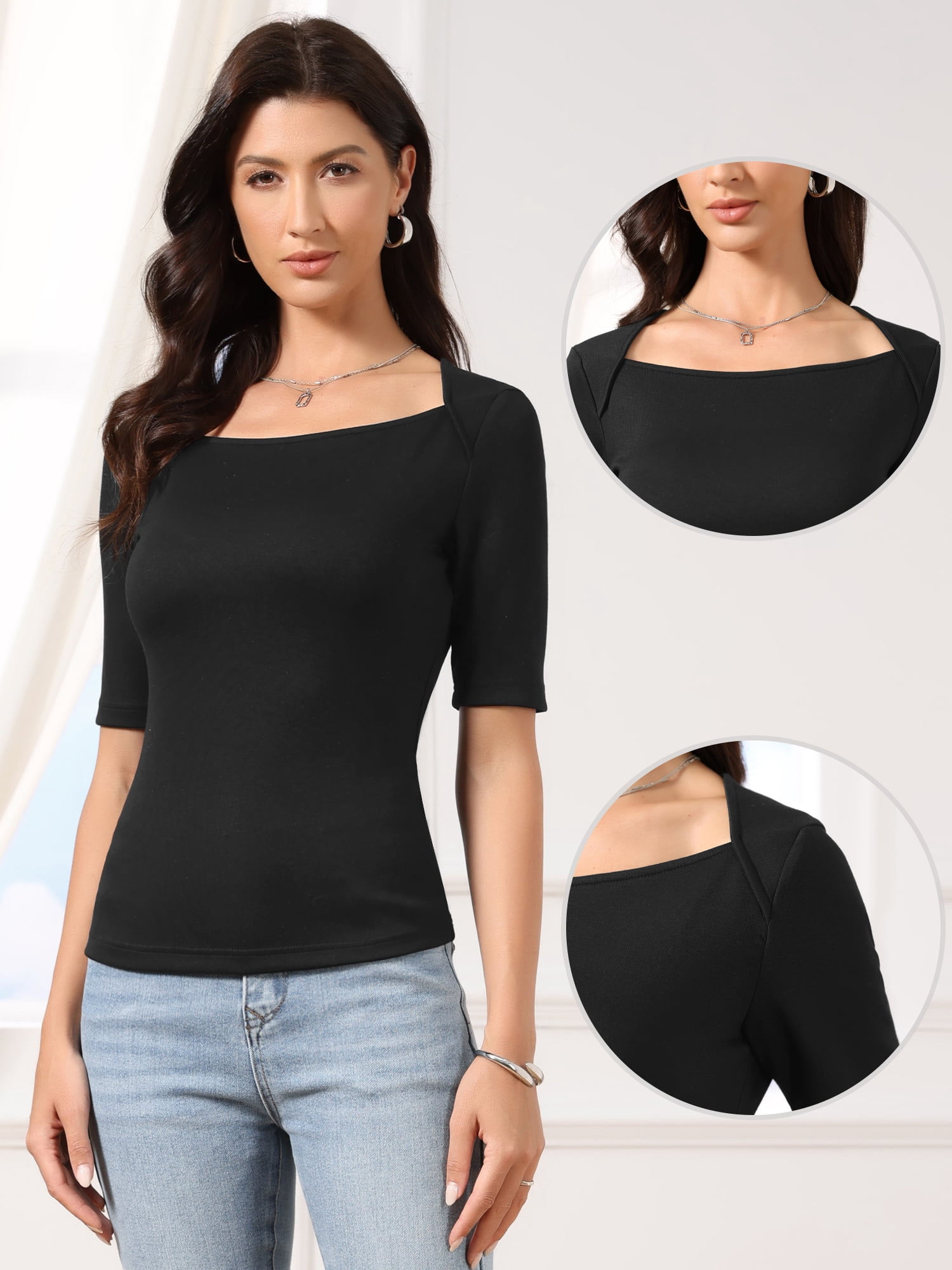 DARING DIVA Women's Square Neck Tops Half Sleeve Fitted Dressy Casual Blouse M Black