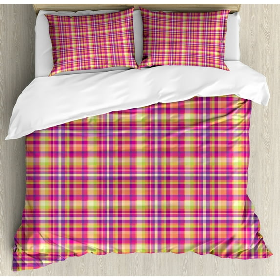 Colorful Duvet Cover Set King Size, Pixel Like Ornament with Contemporary Design Checkered Squares Illustration, Decorative 3 Piece Bedding Set with 2 Pillow Shams, Multicolor, by Ambesonne