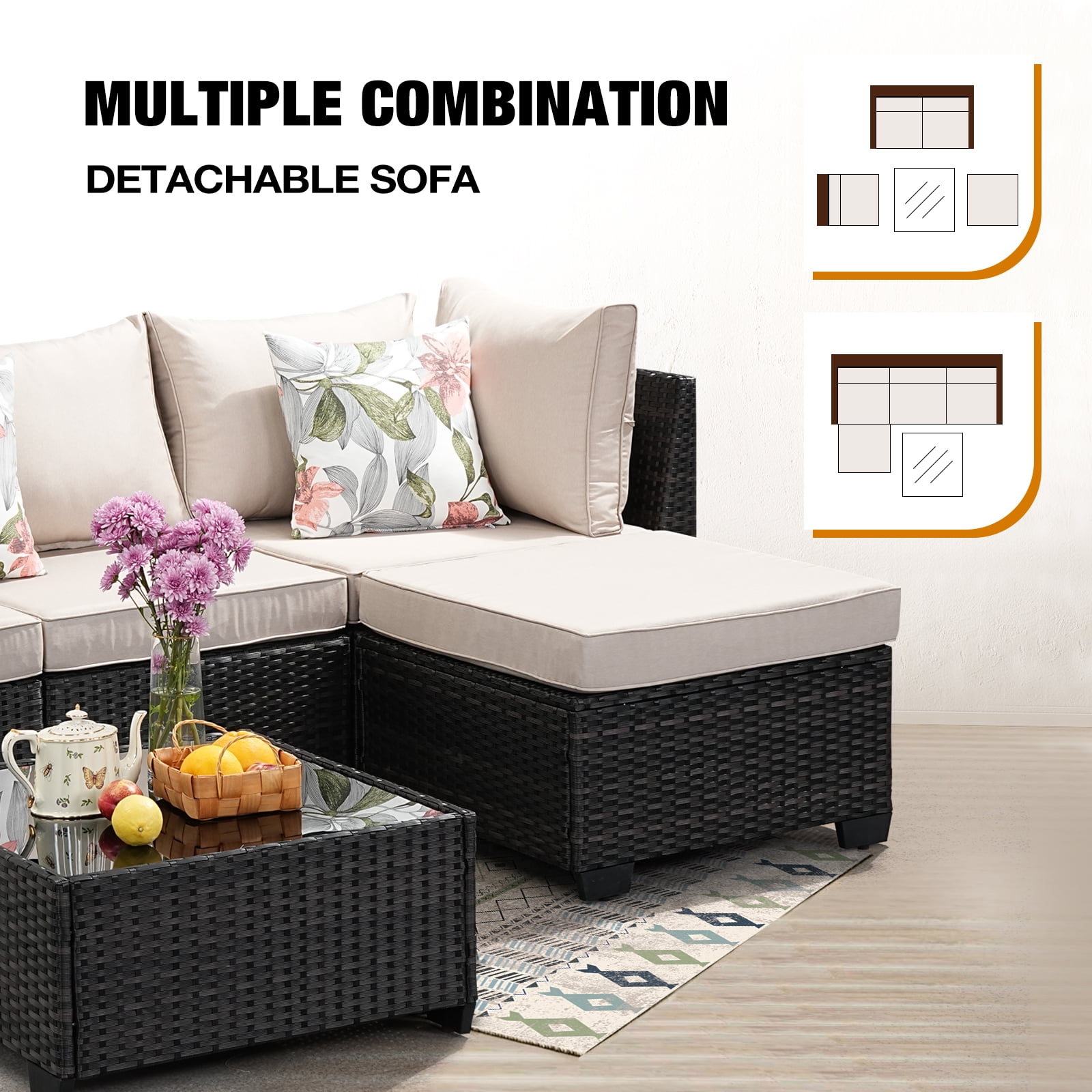JOYURE 5 Pieces Patio Furniture set All-Weather Outdoor Wicker Sectional Conversation Sofa Rattan patio seating sofa with cushion and Glass Table and Ottoman for Porch Poolside,Beige