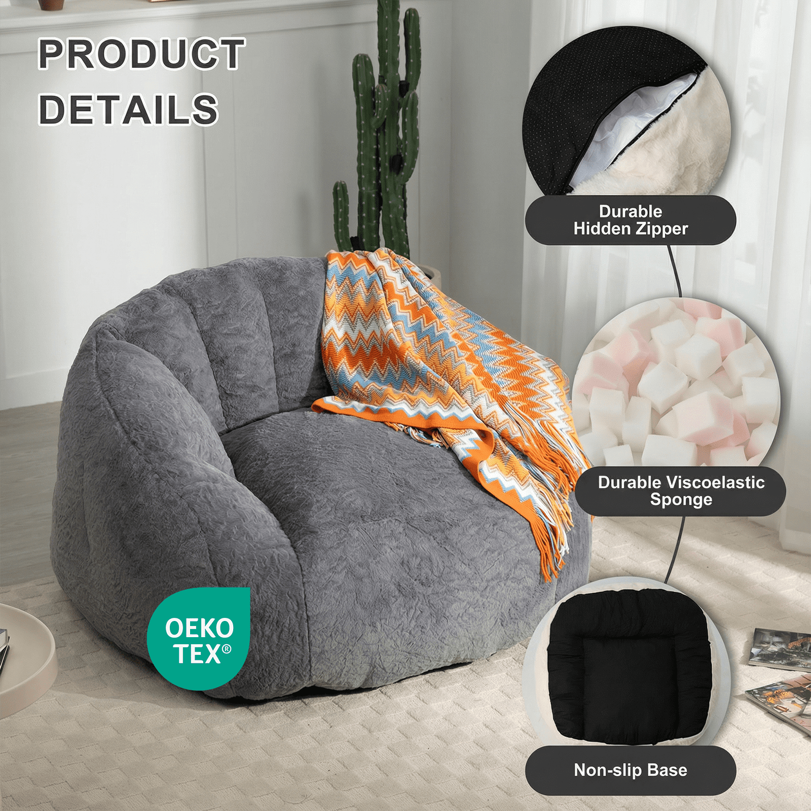 Ebenchico 3.9ft Bean Bag Chair for Adults Teens Kids, Shell Shape Faux Fur Beanbag Chairs, Memory Foam Filled Floor Chair for Reading, Gaming, Relaxing(Dark Gray)