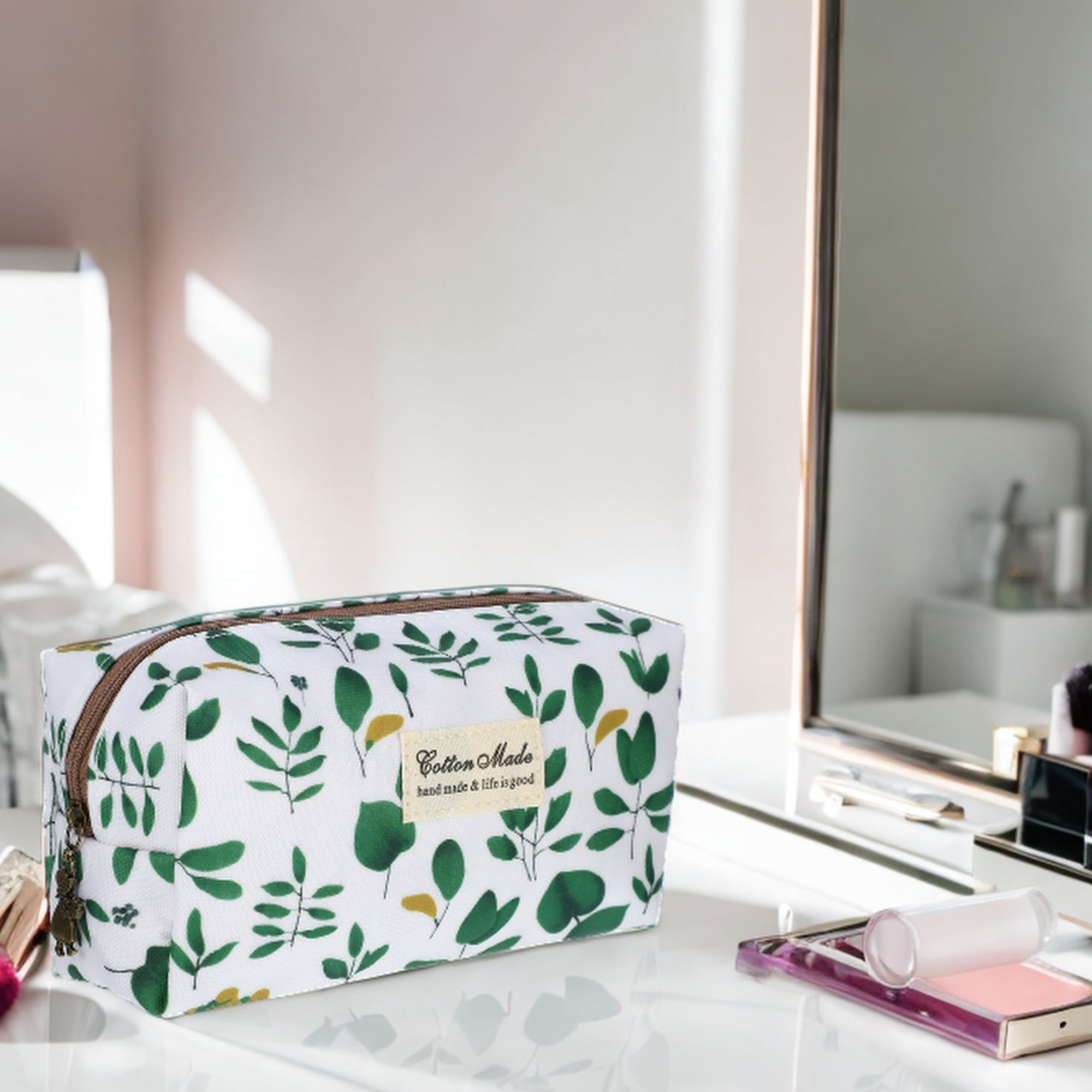 Unique Bargains Printed Makeup Bag for Business Travel Vacation Camping White Green