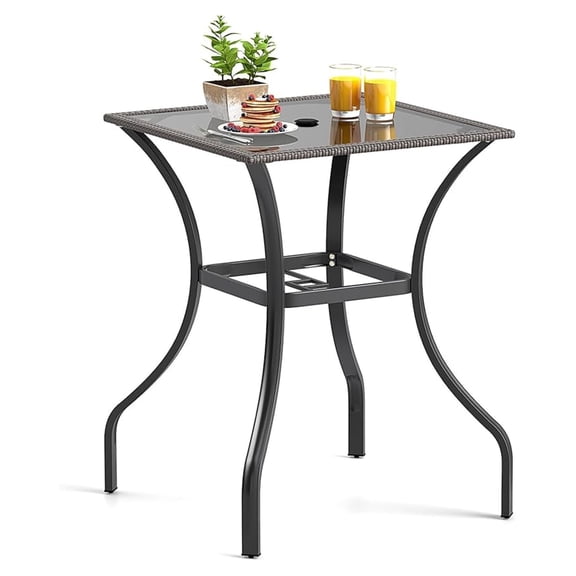 Patio Bar Table, 28.5 x 28.5 inch Outdoor Bar Height Dining Table with Rattan Edge & Heavy-Duty Metal Legs, 2 inch Umbrella Hole, Square Bistro Bar Table for Poolside, Backyard, Balcony