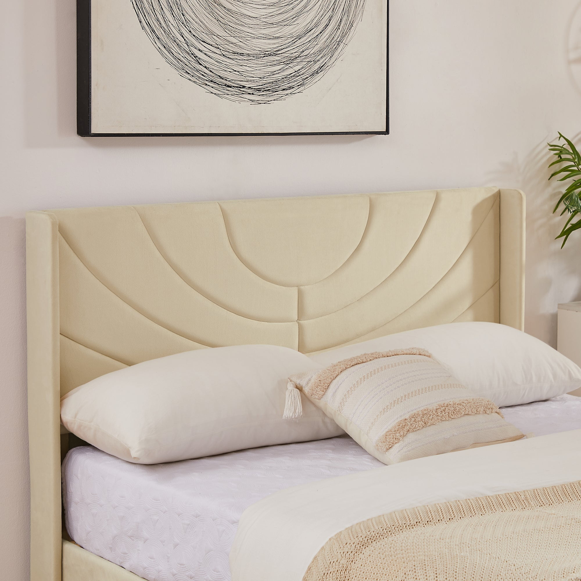 VECELO Full Platform Bed Frame with Upholstered Headboard, Strong Wooden Slats/No Box Spring Needed, Beige