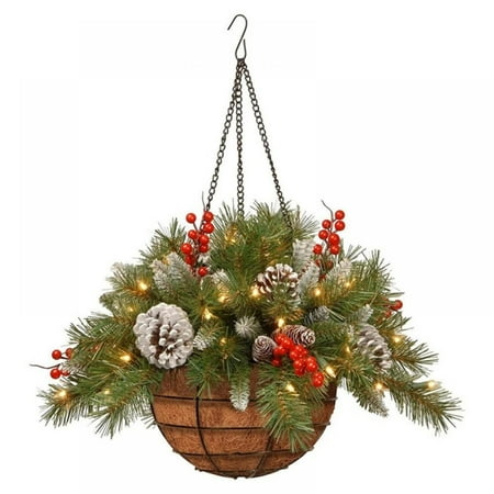 

Christmas Hanging Flower Basket Wreath for Front Door Indoor Outdoor Artificial Pine Needle Red Berry Decorative Garland Pendant Ornament with LED String Lights