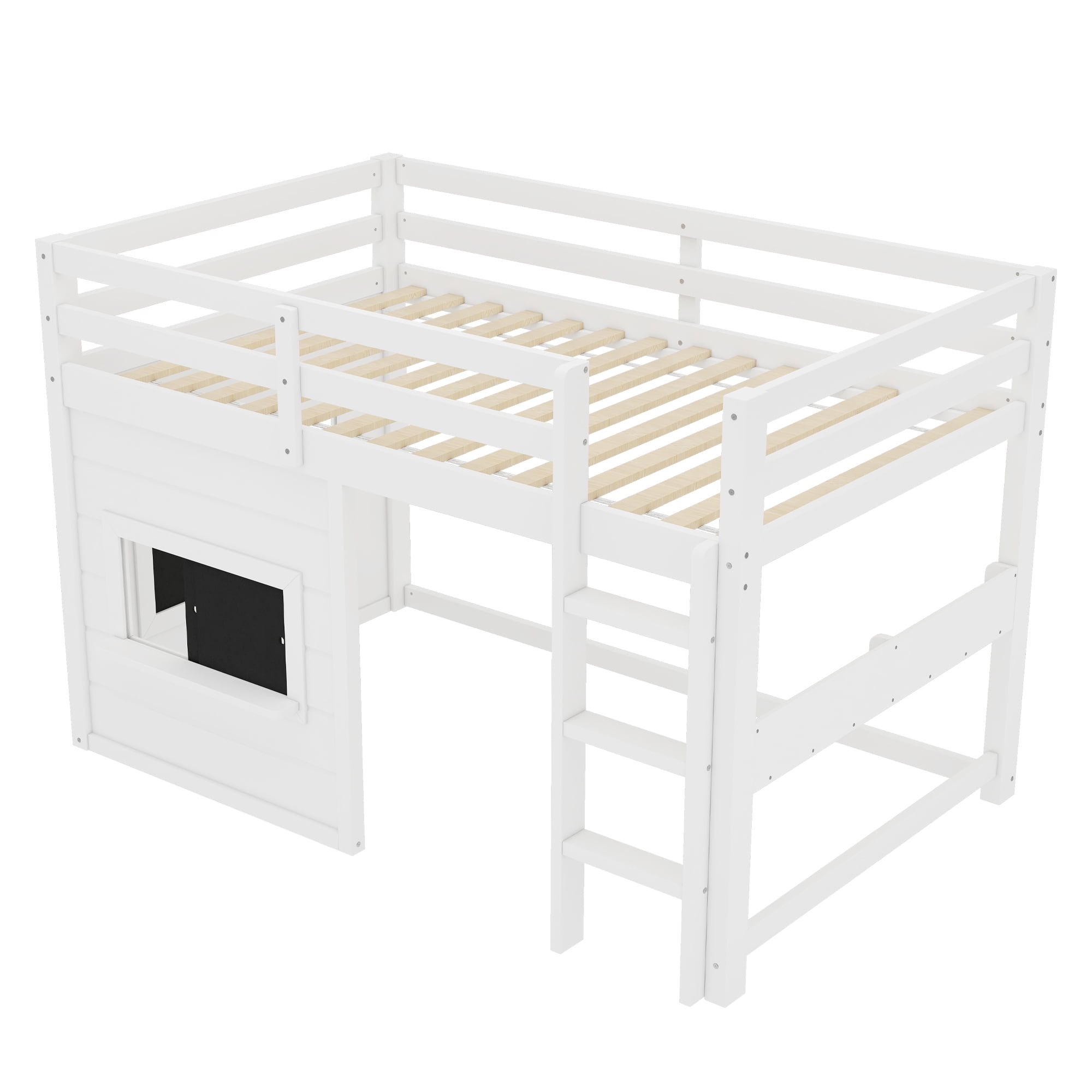 Leumius Twin Size Loft Bed with Storage Shelves,Solid Wood Low Loft Bed Frame with Chalkboard and Bookshelf,Space Saving,White
